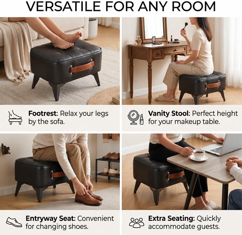 Vintage Style Faux Leather Ottoman Footstool - Wooden Frame, Upholstered Inte...