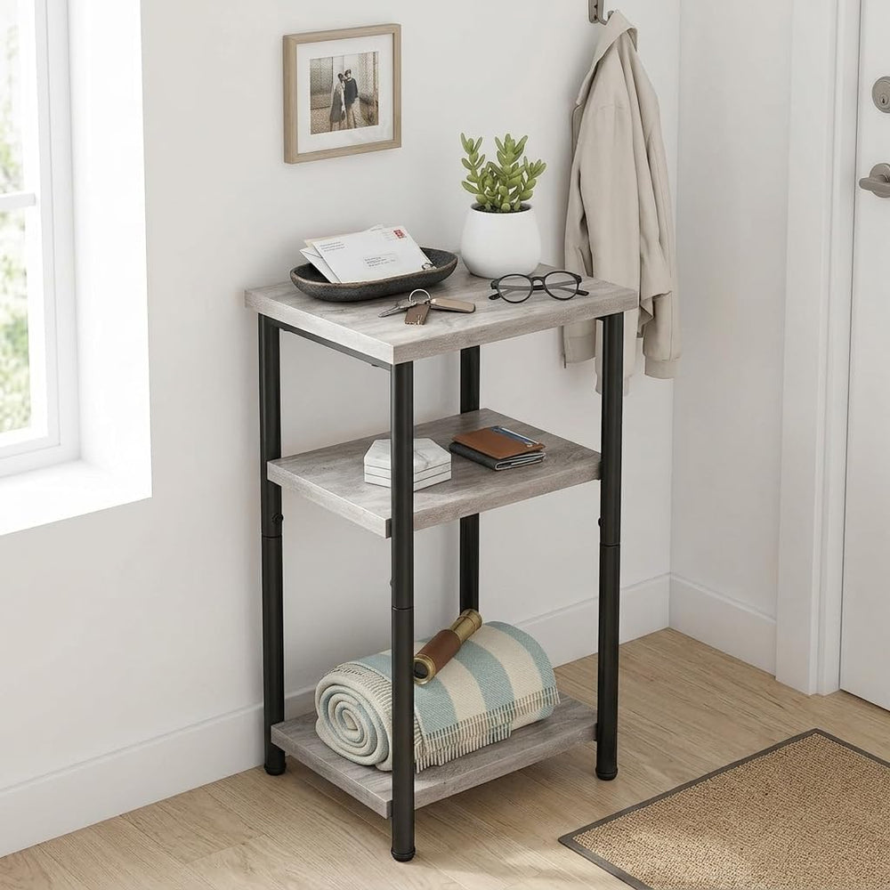 3 Tier End Table for Small Space, Modern Oak Grey Side Table with Metal Frame...