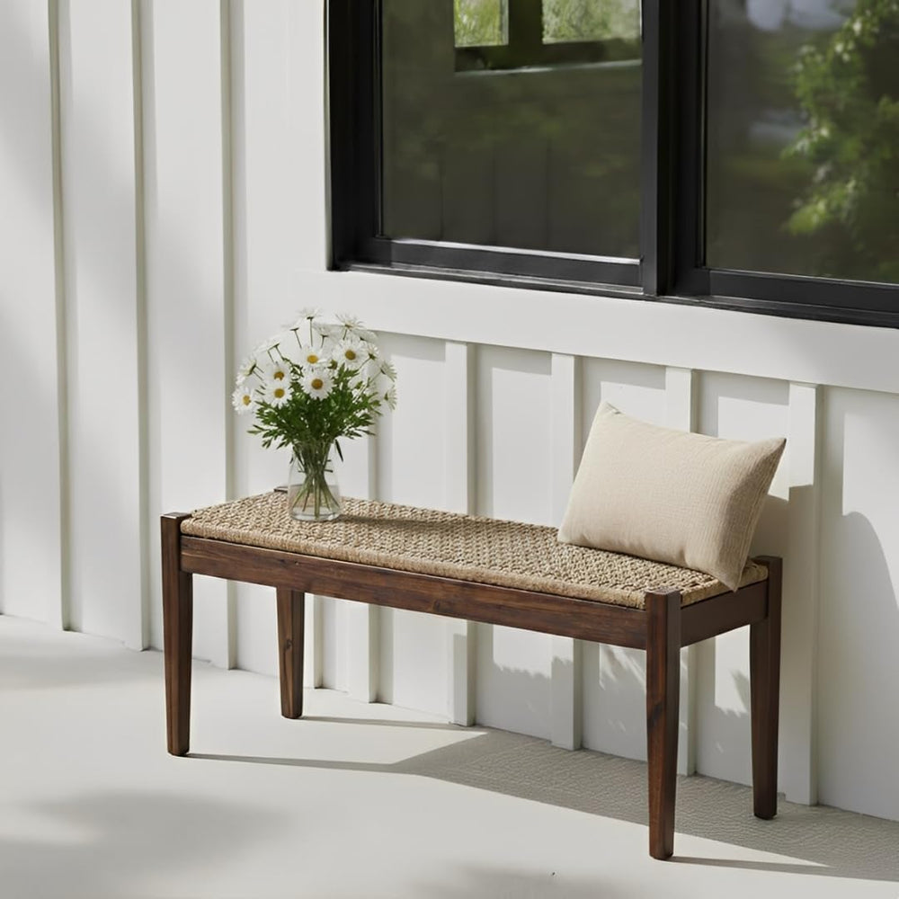 Vintage Entryway Bench, 45 inch Acacia Wood Bench with Woven Rope Seat, Wicke...