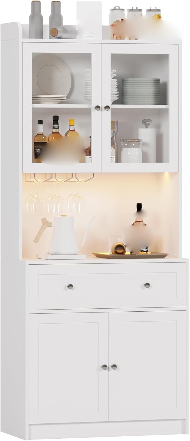 Kitchen Pantry Storage Cabinet 75.2” Tall, Modern Microwave Stand with Chargi...