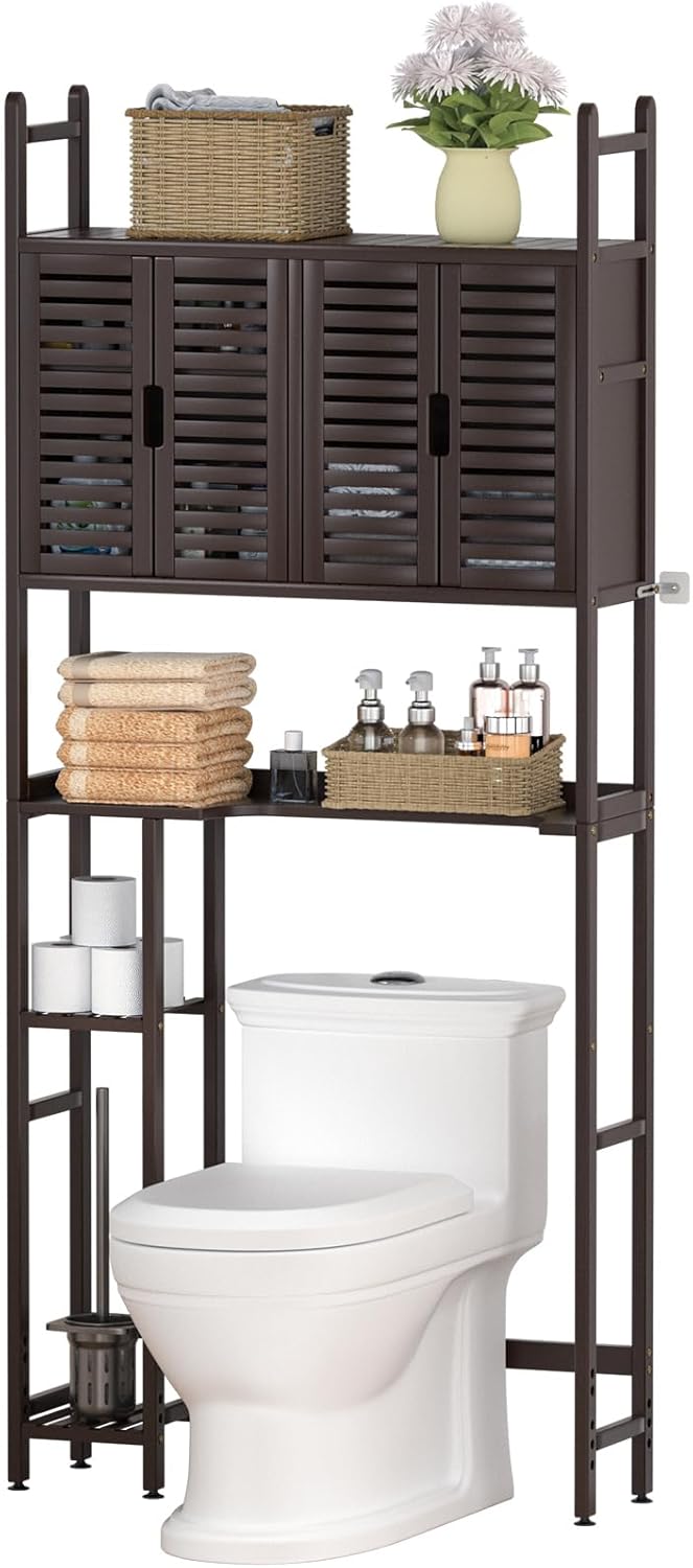 Over The Toilet Storage Cabinet with Paper Holder Stand,Bamboo Bathroom Organizer Shelf with Four Door and Waterproof Feet Pad,Space Saver Rack with Anti-Tip Design (Brown)