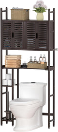 Over The Toilet Storage Cabinet with Paper Holder Stand,Bamboo Bathroom Organizer Shelf with Four Door and Waterproof Feet Pad,Space Saver Rack with Anti-Tip Design (Brown)