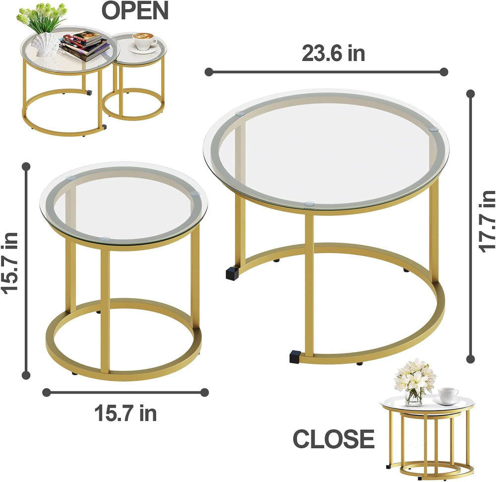 aboxoo Gold Nesting Coffee Table Set of 2, Small Glass Round Nesting Tables f...