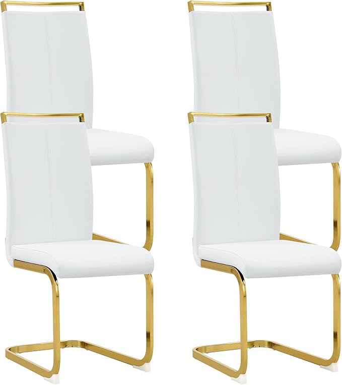AZmac Modern Leather Dining Chairs Set of 4,Armless Kitchen Chairs,Dinning Room Chair with Upholstered Padded Seat and Sturdy Gold Legs for Dining Room,Kitchen (Set of 4, White-Gold Leg)