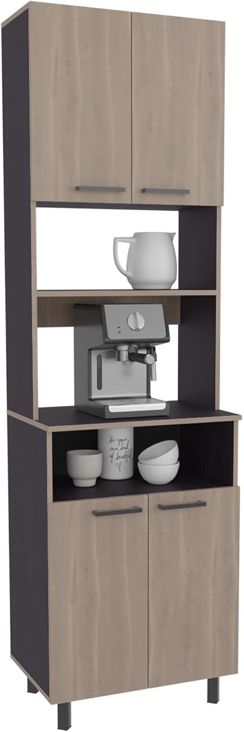4 Door Kitchen Pantry with 4 Shelves and Legs, White Oak/Black Wengue | 4 doo...