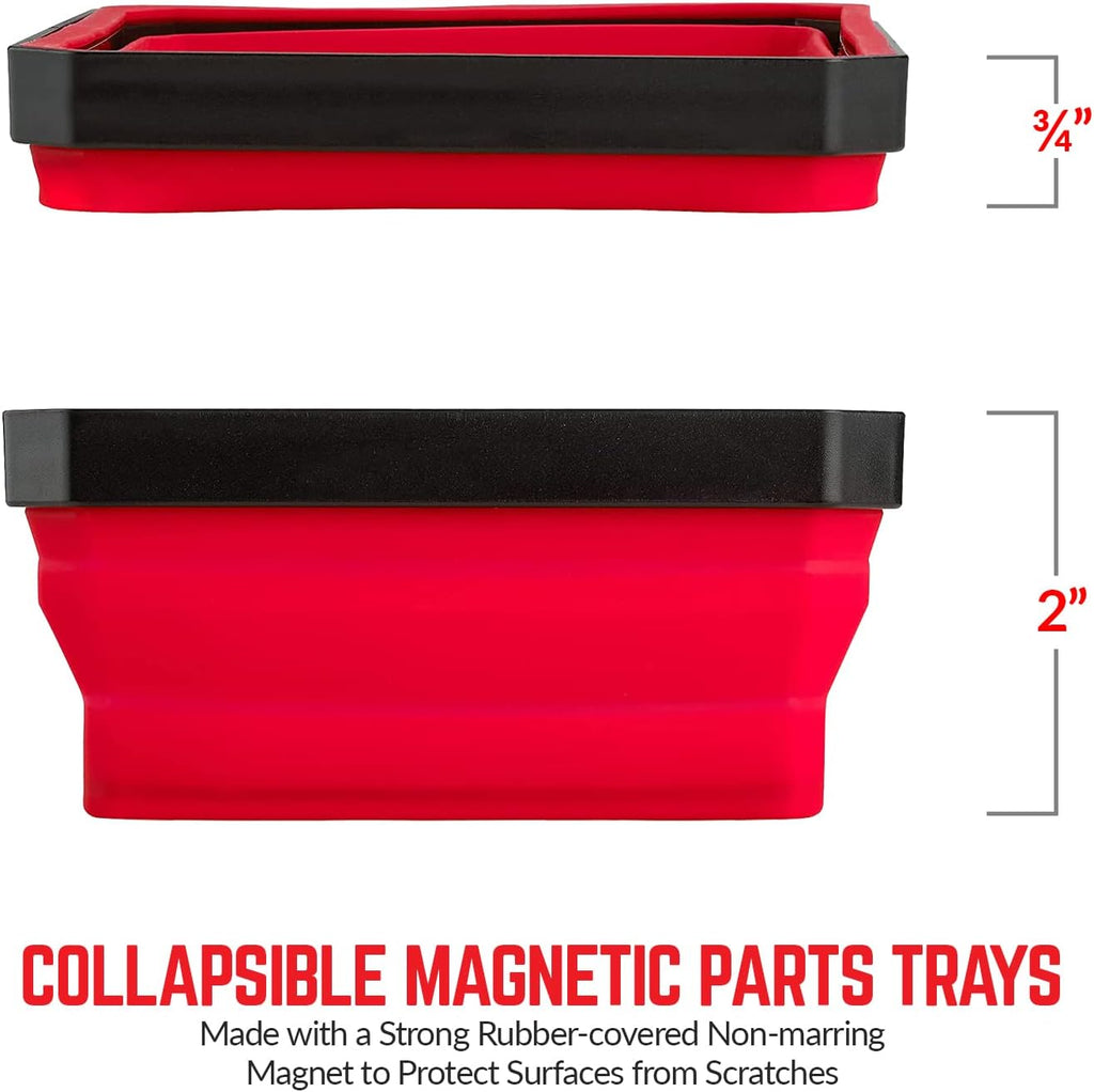 SANDOR Collapsible Magnetic Parts Tray Set - (Pack of 3) Tool Trays for Screw, Bolts, Nuts, Washers, Pins and Other Small Metal Parts - 4.25 Inch Square - Red, Blue, and Green