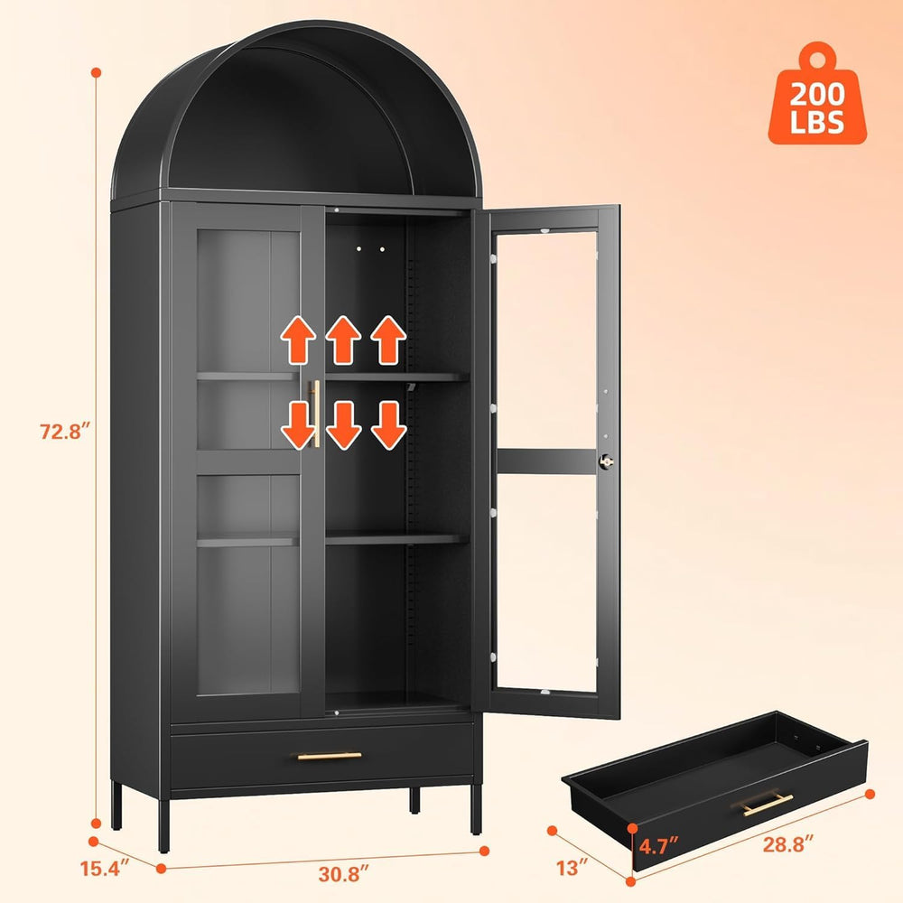 72.83" H Black Metal Arched Cabinet with 1 Drawer,Arched Cabinet with Gl...