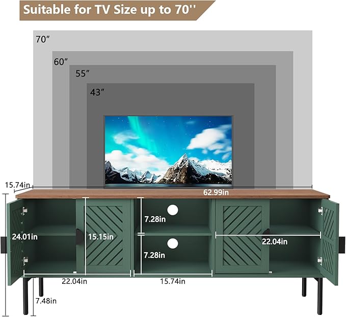 ARTPOWER 63" Modern TV Stands for Living Room, Long Entertainment Center with Storage, TV Console for 55 60 65 70 Inch TV, Bedroom TV Cabinet with Doors, Wood Media Console, Television Stand, Green