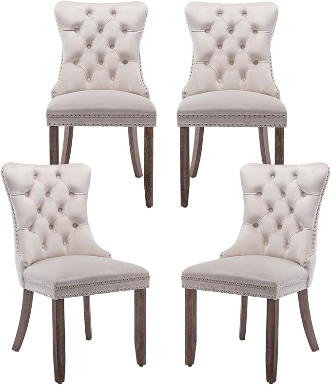 Velvet Dining Chairs Set of 4, Tufted Upholstered Dining Room Chairs with Back Ring Pull, Nailhead Trim and Solid Wood Legs, Modern Dining Chairs for Dining Room, Kitchen(Beige)