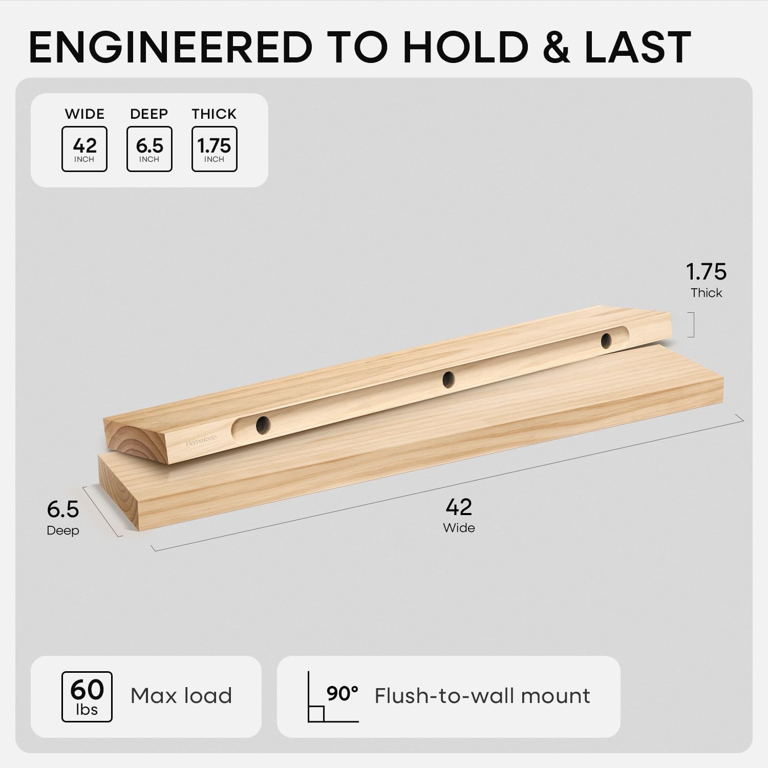 Homeforia 42 inch Natural Floating Shelf, High End Solid Real Wood 42inch Small Floating Shelves for Wall Mounted, Natural Wooden Floating Shelves, Heavy Duty Bracket, 42 X 6.5 X 1.75 in, Set of 2