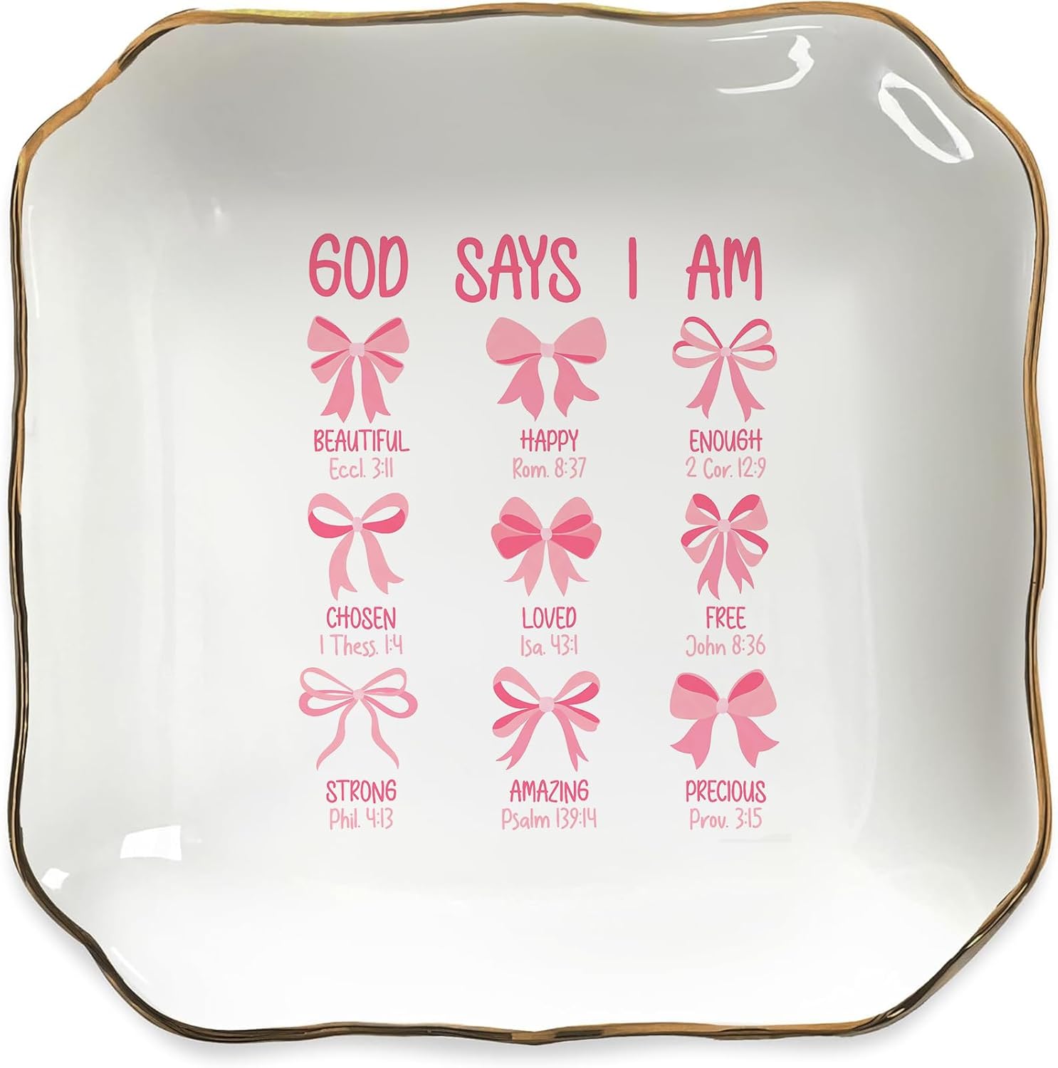 God Says You Are Jewelry Dish - Pink Bow Ceramic Ring Holder Tray for Women, Inspirational Bible Verse Jewelry Organizer Gift for Birthday, Christmas, Wedding, Friend, Mom