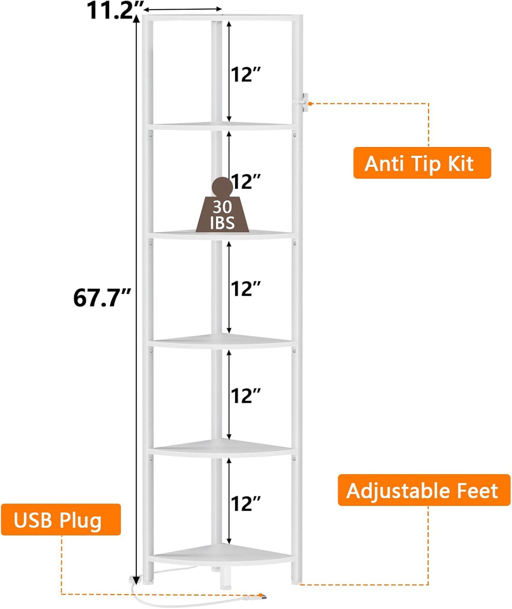 Furnulem 6 Tier Corner Shelf with LED Light, 67.5" White Narrow Bookshel...
