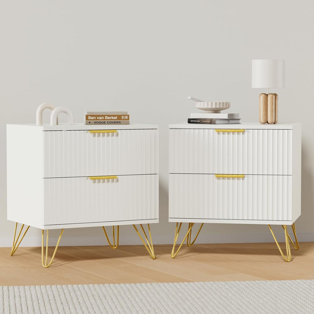 White Nightstand Set of 2, Modern Night Stand Bedside Table with 2 Storage Dr...