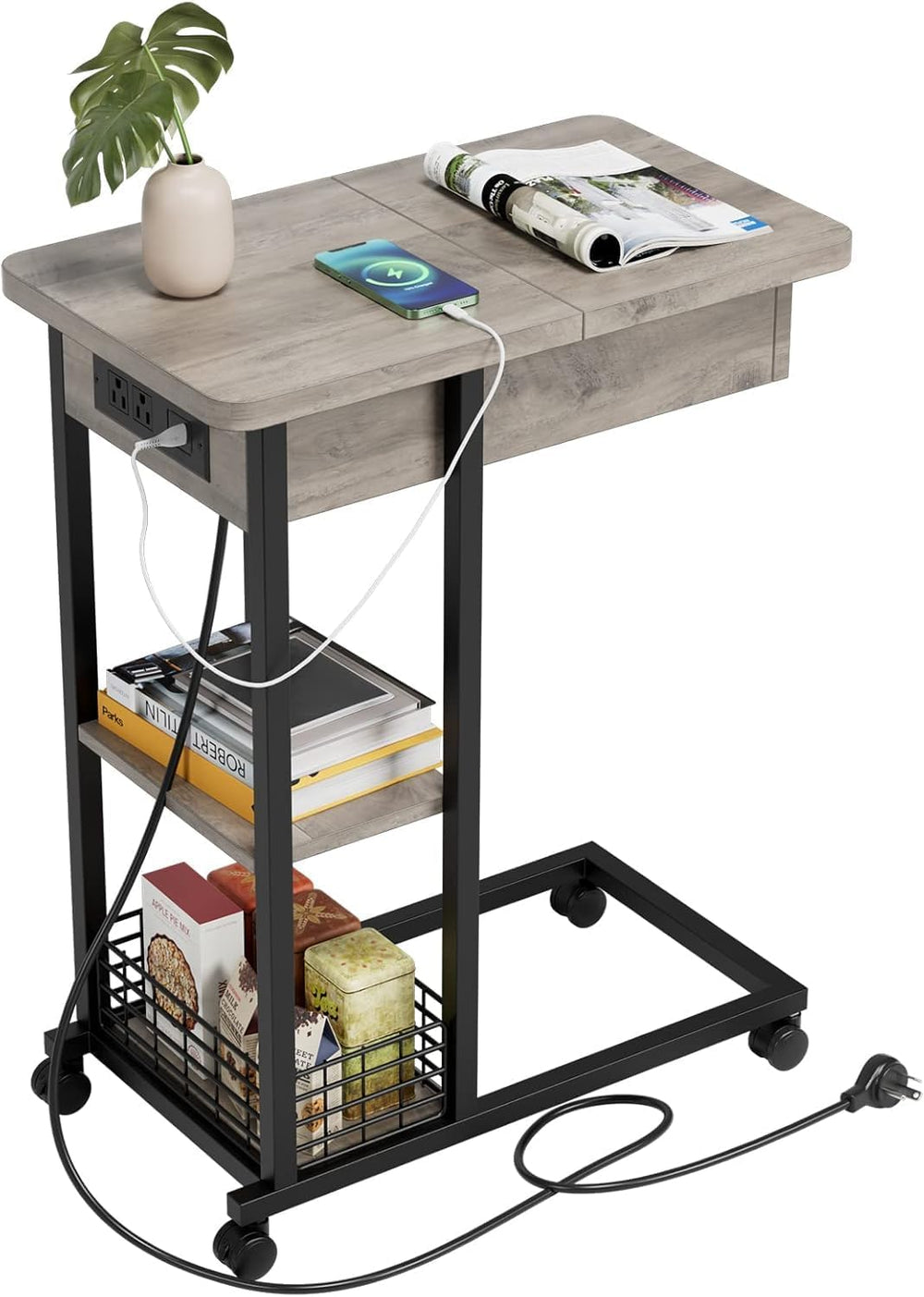 TrailBlaze C-Shaped Side Table with Charging Station, Flip Top End Table with...
