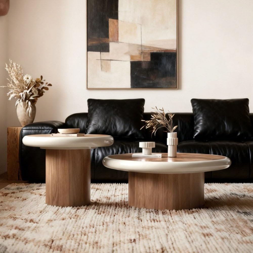 End Tables 2-Piece Round Coffee Table Set Wood Modern Living Room Tables Coor...