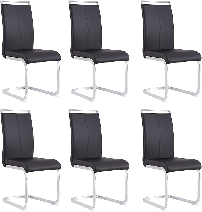 AZmac Modern Leather Dining Chairs Set of 6,Armless Kitchen Chairs,Dining Room Chairs with Upholstered Padded Seat and Sturdy Chrome Legs for Dining Room,Kitchen (Set of 6, Black+PU Leather)