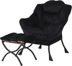 Welnow Lazy Chair with Ottoman, Modern Lounge Accent Chair with Armrests and a Side Pocket, Leisure Sofa Armchair, Reading Armchair with Footrest for Small Space, Black