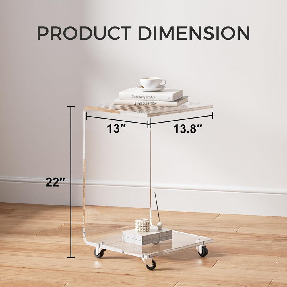 Acrylic C Table with Wheels, 2-Tier Mobile Side Table for Small Spaces, Sofa/...