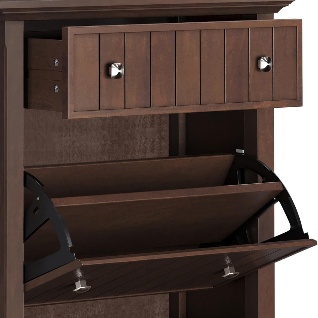 SIMPLIHOME Acadian 2-Seater Storage Bench and Cabinet Set in Brunette Brown