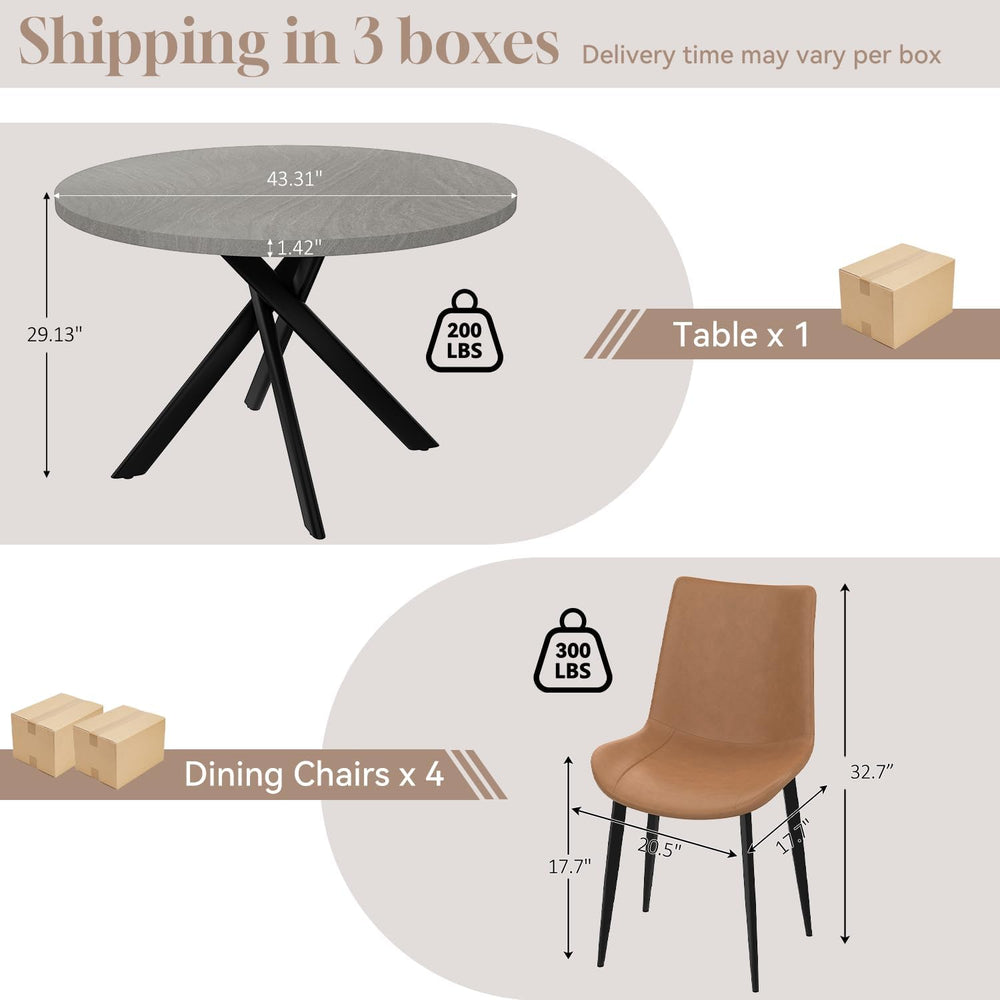 44" Round Dining Table with Chair Set for 4, Modern Mid-Century Dining T...