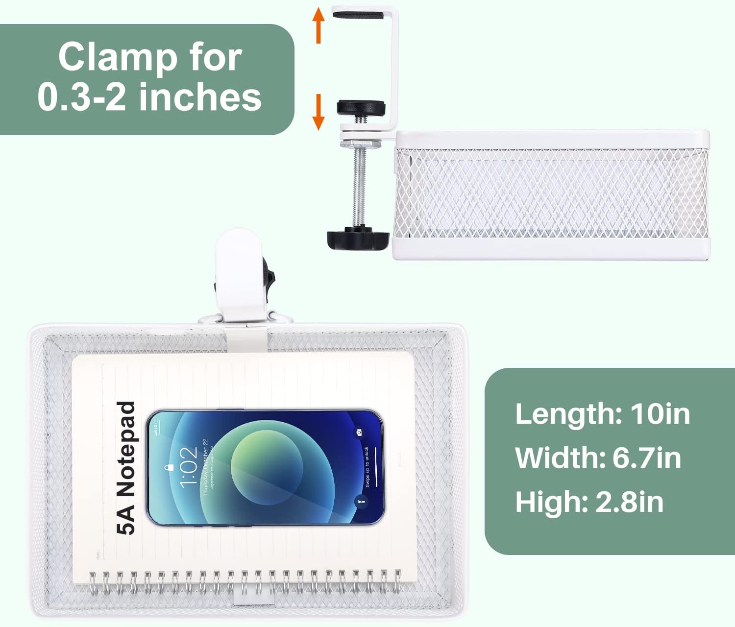 ROSYLINE Clamp On Desk Organizer - Under Desk Hanging Drawer with Storage Basket, Multi-Scene Mount Tray for Home Dorm Office (White)