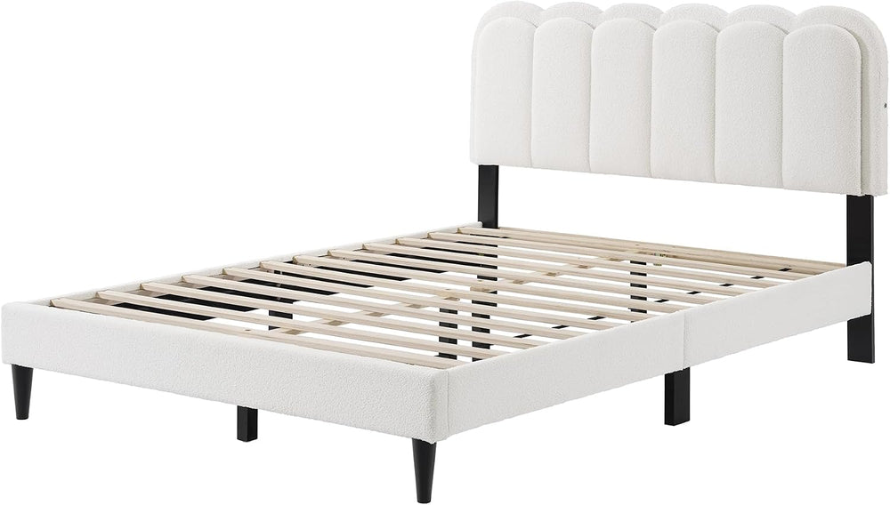 Peanu Queen Boucle Bed Frame, Petal Headboard, Ambient Light, White
