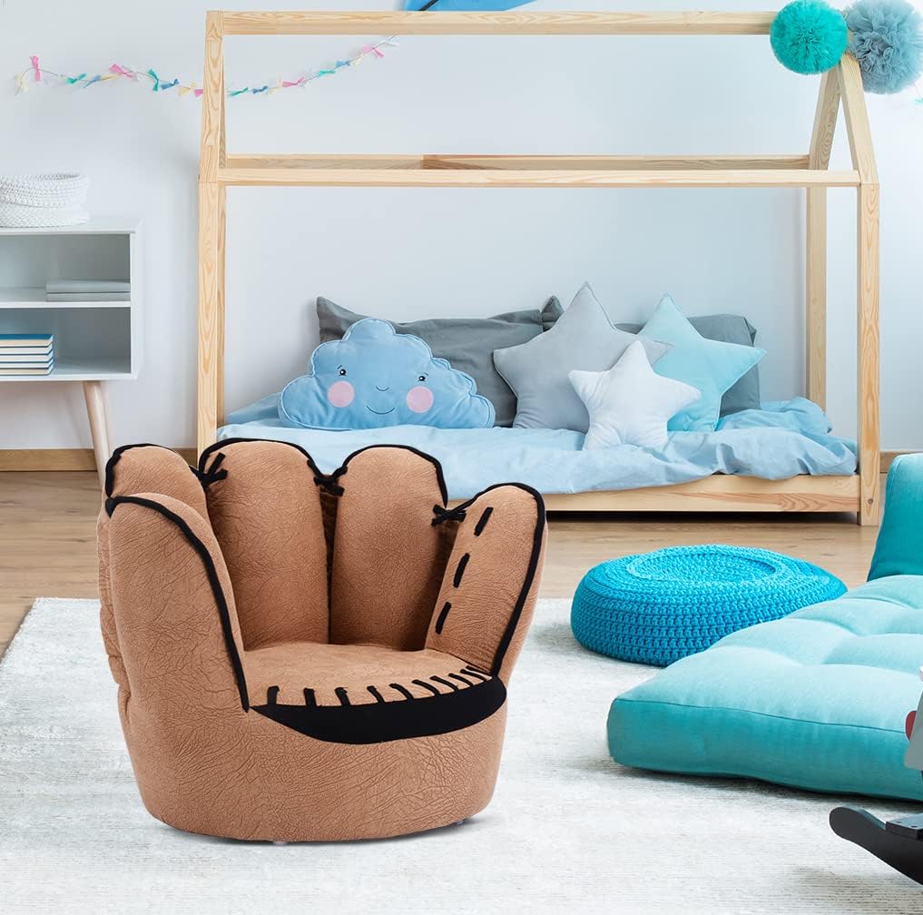 Costzon Kids Couch with Solid Wood Frame & Baseball Glove Design, Children Armchair for Play Room, Nursery, Kindergarten, Kids Room, Gift for Boys & Girls (Brown)