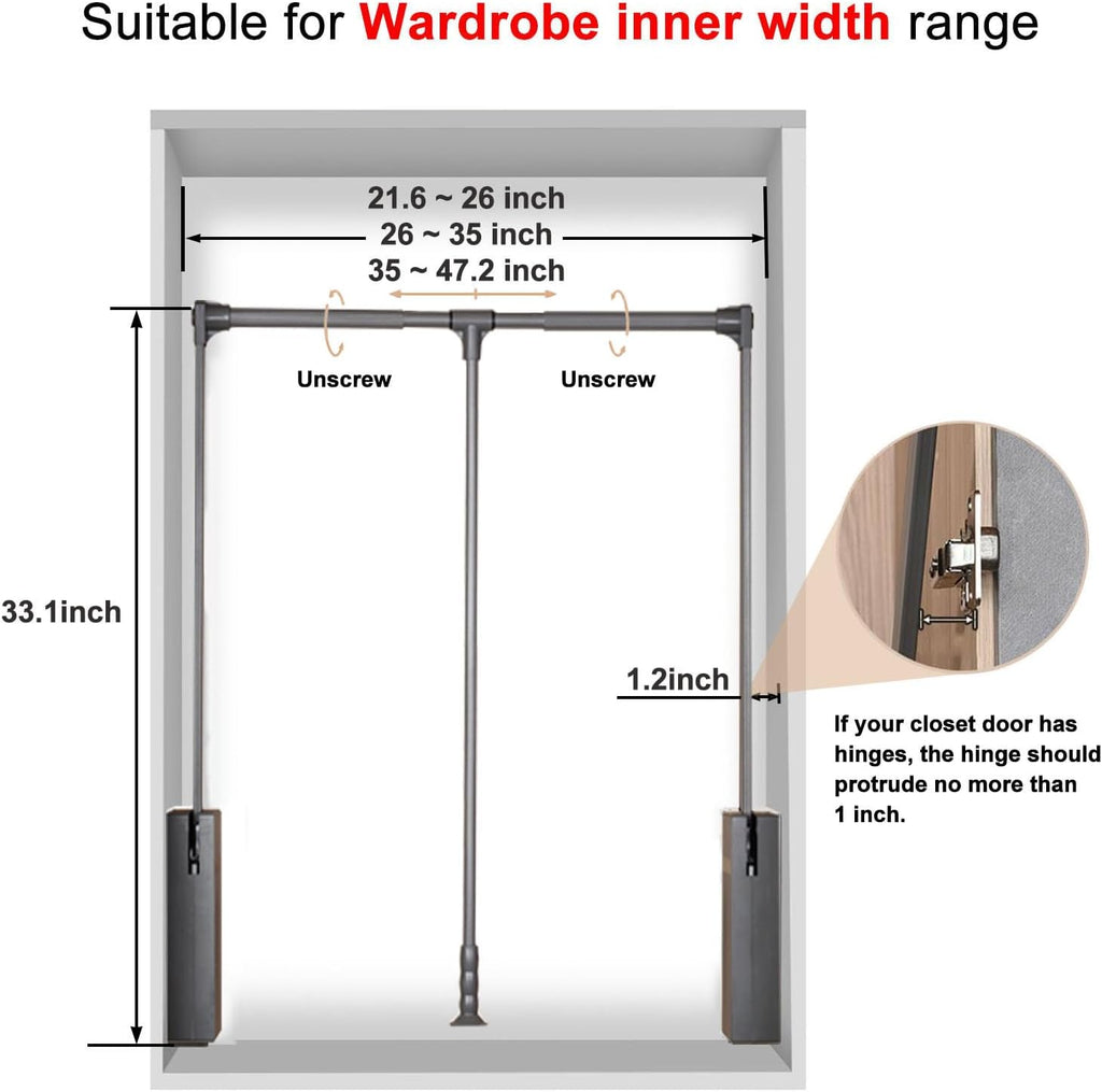 Pull Down Closet Rod for Hanging Clothes, Retractable Wardrobe Hanger for Cabinet Inside Width 21.6"~26", Aluminium alloy Tubing with Plastic Housing, 44 lb Weight Rating