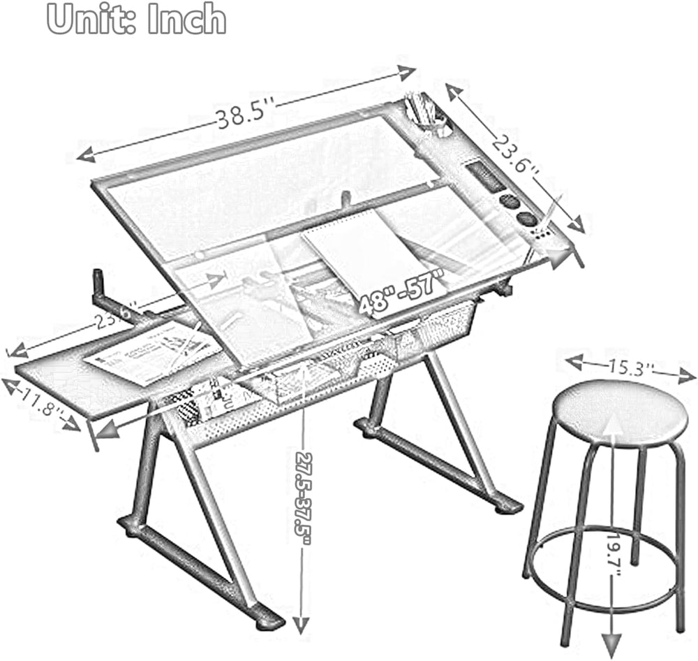 Drafting Table, Height Adjustable Art Tabe with Stool, White | 0-75° Tilting ...