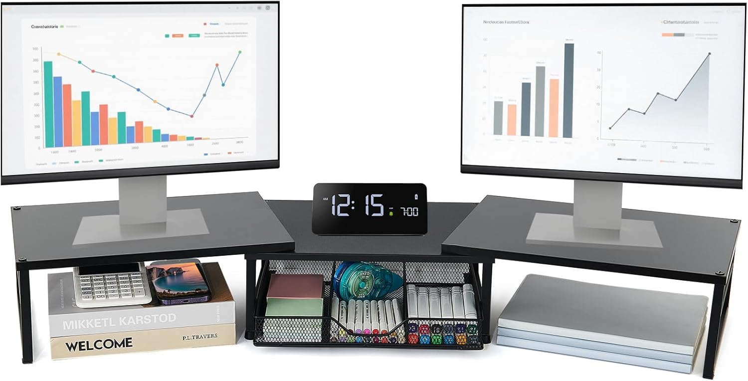 OPNICE Dual Monitor Stand Riser, Desk Organizer with Drawer, Office Desk Organizers and Accessories, Office Workspace Organization, Computer Monitor Stand for Laptop, Printer (Black)