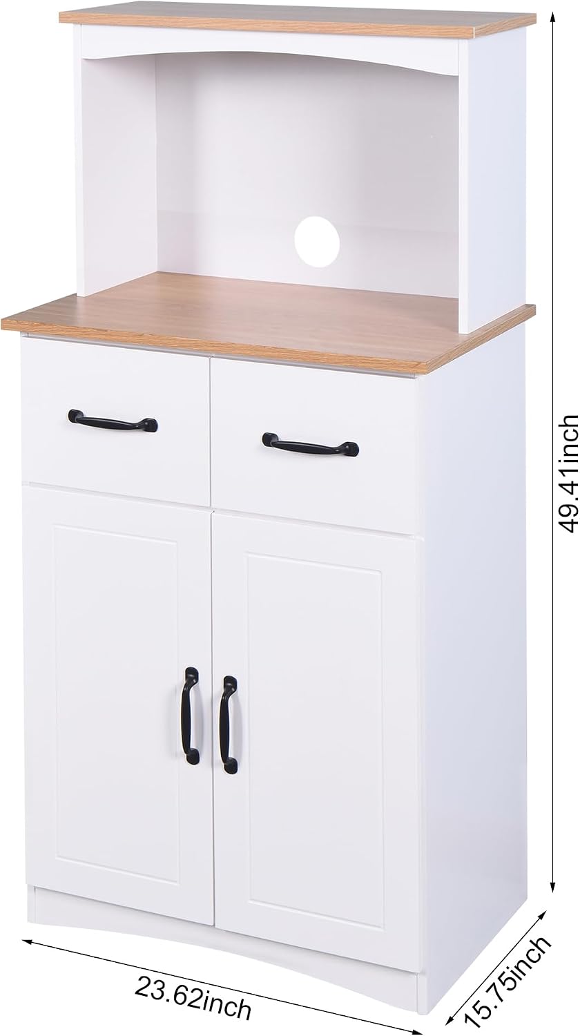 Modern White Wooden Kitchen Pantry Cabinet with Microwave Stand, Storage Draw...