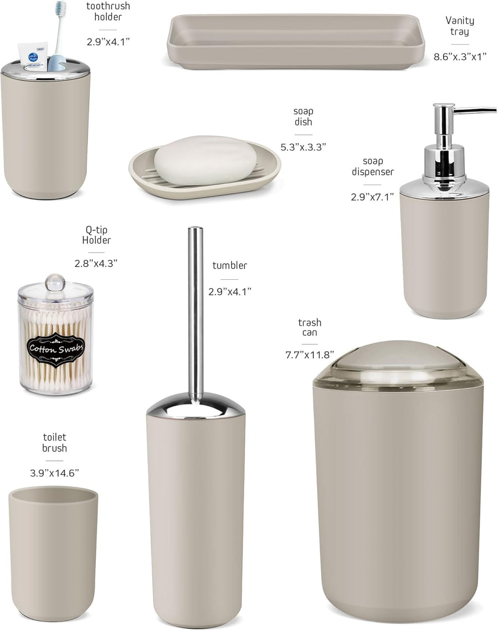IMAVO Bathroom Accessories Set,Beige Bathroom Set,9 Pieces Bathroom Accessory Set,Tray,Qtip Holders,Toilet Brush,Trash Can for Bathroom Décor and Home Gifts