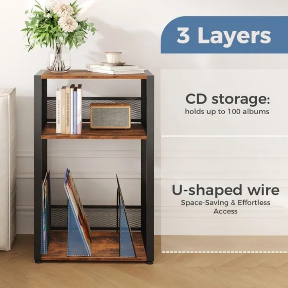 3 Tier Wooden End Table with Vinyl Storage Up to 100 Albums, Record Player St...