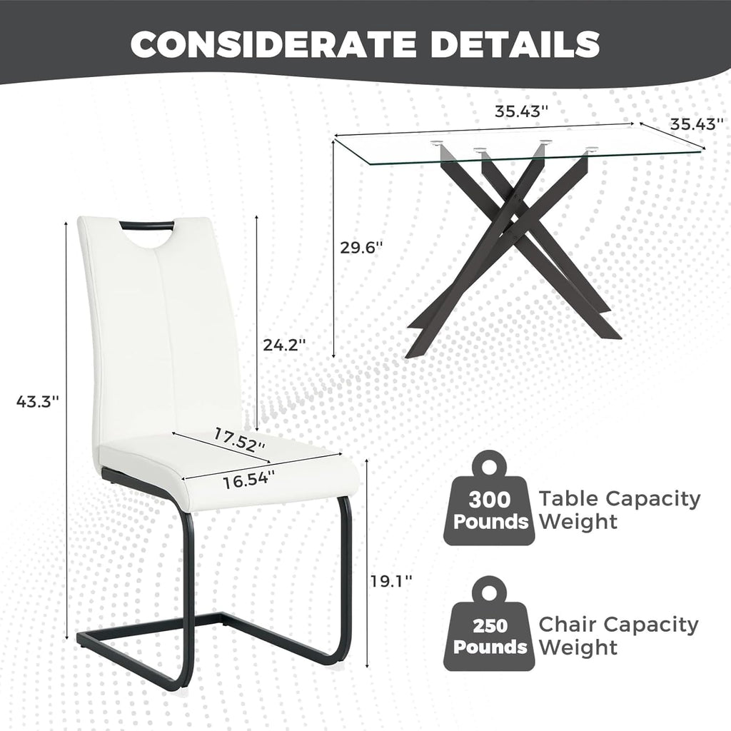 51.18" W Glass Dining Table Set for 4, Modern Rectangular Glass Kitchen Table with Black Metal Legs, 4 PU Leather Chairs with Black Legs, for Dining Room, Home -White