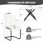 51.18" W Glass Dining Table Set for 4, Modern Rectangular Glass Kitchen Table with Black Metal Legs, 4 PU Leather Chairs with Black Legs, for Dining Room, Home -White