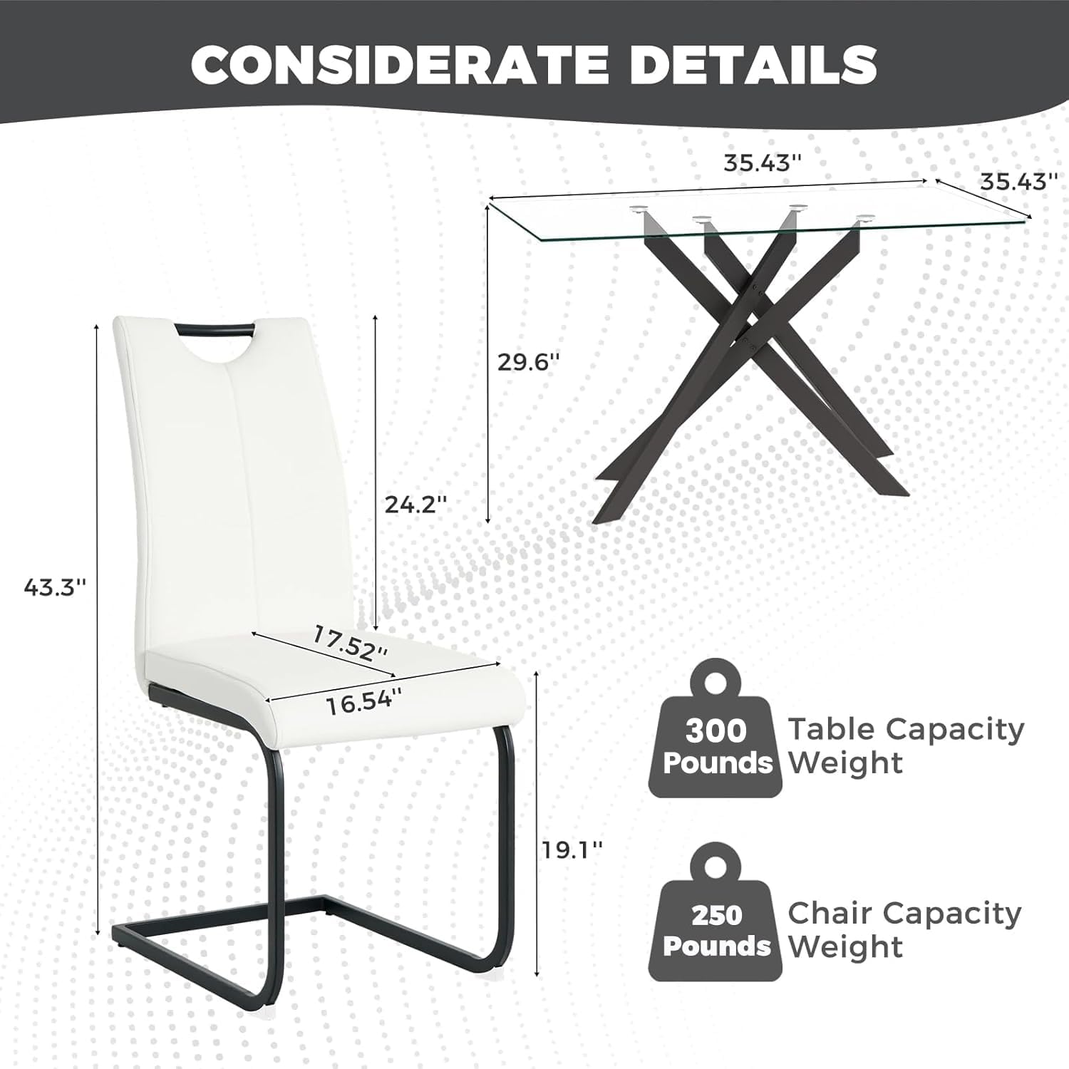 51.18" W Glass Dining Table Set for 4, Modern Rectangular Glass Kitchen Table with Black Metal Legs, 4 PU Leather Chairs with Black Legs, for Dining Room, Home -White
