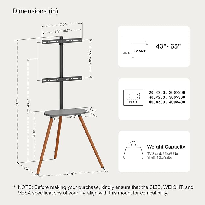 Tripod Easel TV Stand for 43 to 65 Inch LCD LED OLED Screen, Height Adjustable and Swievel TV Stand, Portable Corner TV Floor Stand with Wooden Tray, VESA 400x400mm, Minimalist Black Walnut