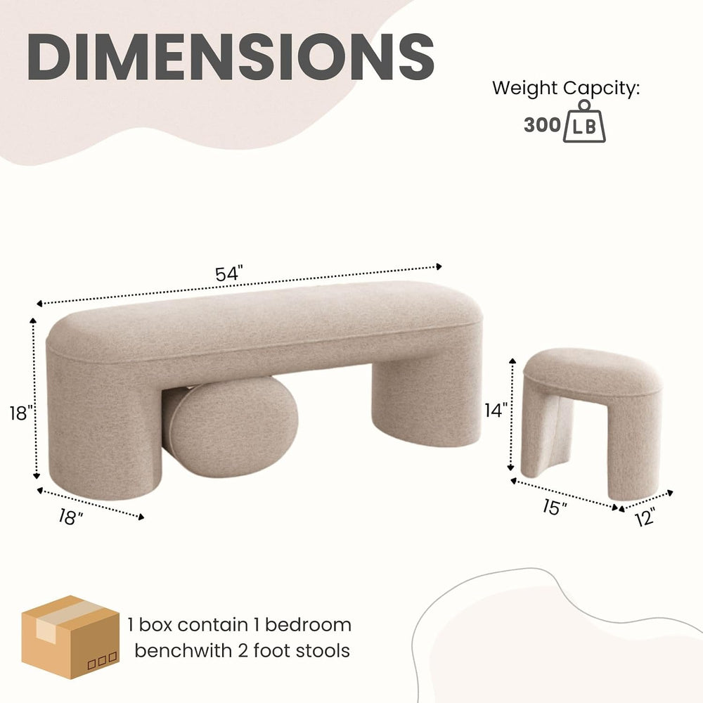 53" Chenille Ottoman Bench with 2 Nesting Ottomans, Oatmeal | 3-Piece Sp...