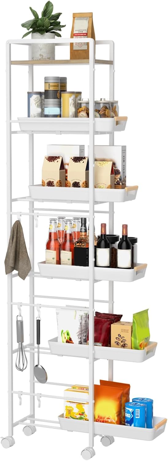 6 Tier Slim Storage Cart with Pull-Out Baskets Rolling Cart with Wheels Wood ...