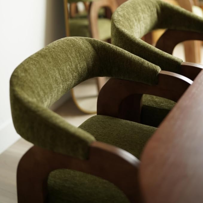 Farmhouse Dining Chairs Set of 6 - Upholstered Armchairs with Chenille Cushions & Curved Wooden Arms, Barrel Wood Kitchen Chairs for Dining Room/Cafe/Kitchen Island (Sage Green)