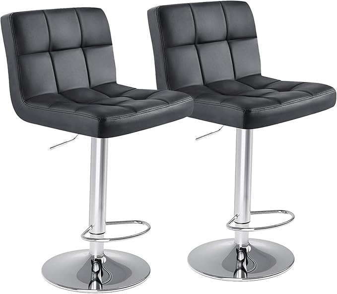 DUMOS Bar Stools Set of 2, Armless Adjustable Swivel Barstools, PU Leather Hydraulic Kitchen Counter Height Bar Stools, Thickened Seat Cushion Square Island Barstools with Back, Inky
