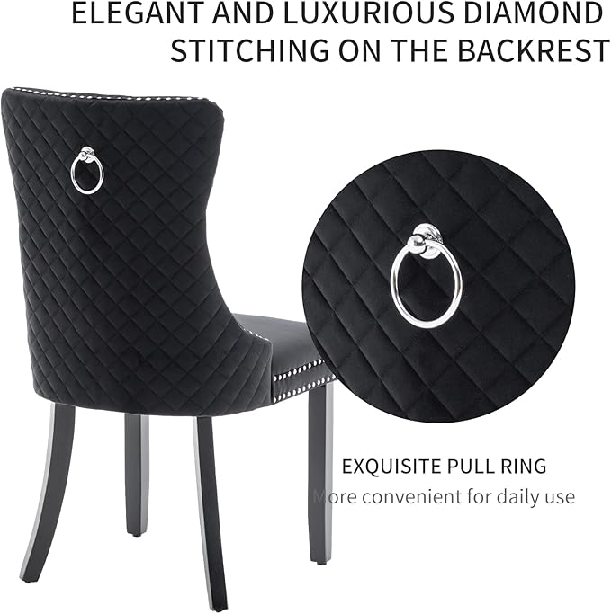 Velvet Dining Chairs Set of 2, Upholstered Dining Room Chairs with Nailhead Trim, Sillas de Comedor Modernas 2, Wooden Kitchen Chairs for Dining Room, Living Room, Kitchen, Bedroom, Black