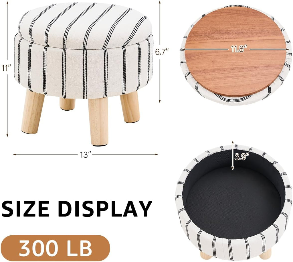 Wimarsbon Storage Ottoman, Modern Round Footrest with Soft Padded Seat, Striped Fabric Footstool with Wood Legs, Accent Small Table or Plant Stand for Hallway, Living Room (Black and White)