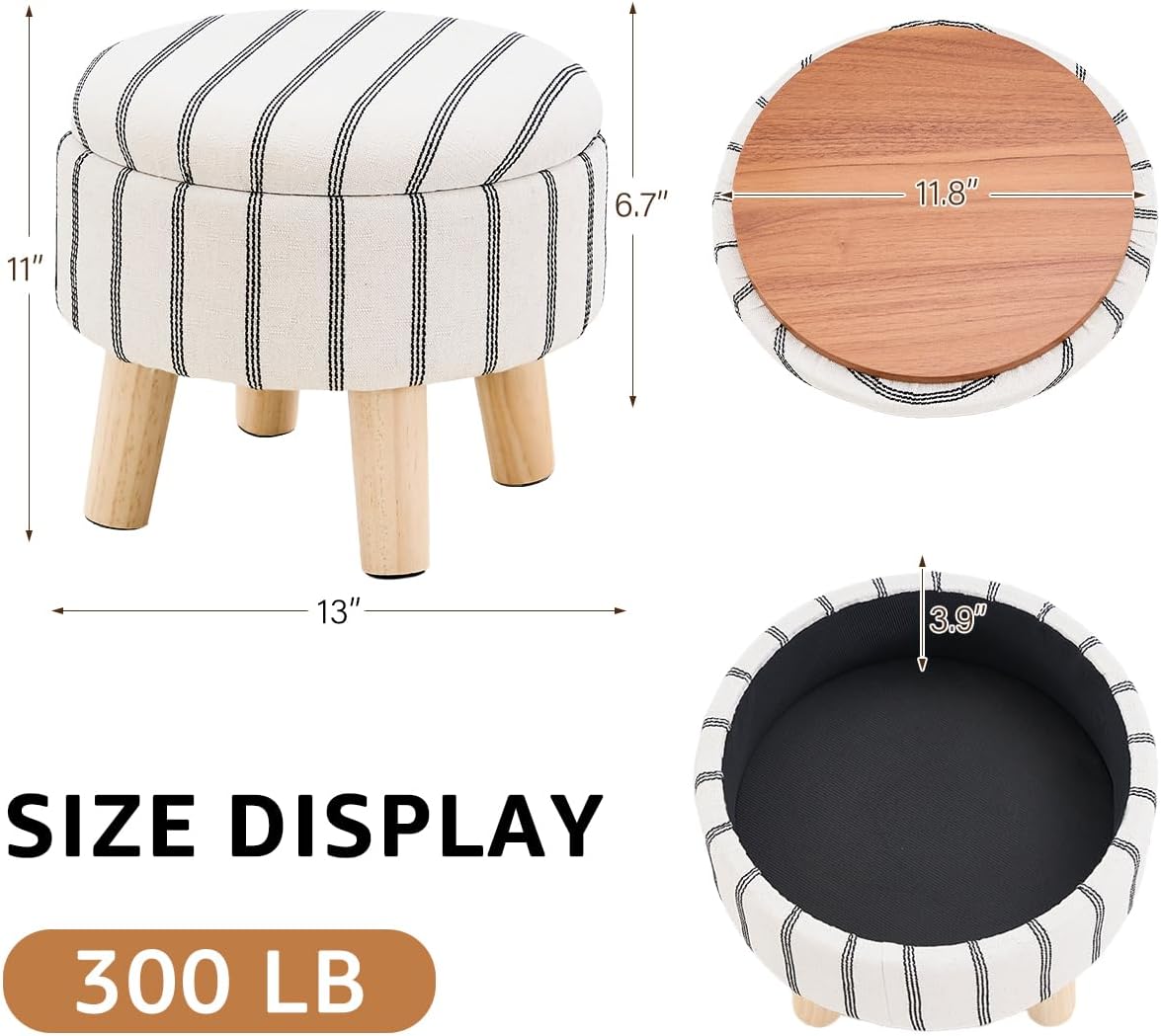 Wimarsbon Storage Ottoman, Modern Round Footrest with Soft Padded Seat, Striped Fabric Footstool with Wood Legs, Accent Small Table or Plant Stand for Hallway, Living Room (Black and White)