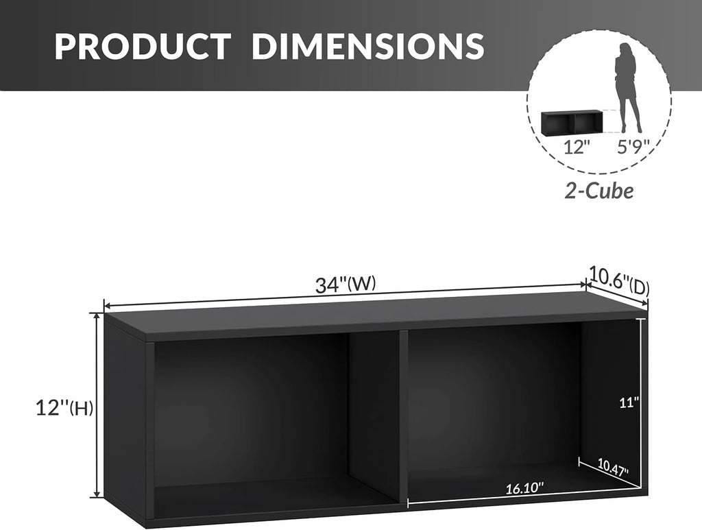 IOTXY DIY Modular Cube Bookcase - CubeXY Customizable Stackable Expandable Basic Shelving Units, 2-Cube Wooden Open Bookshelf for Miscellaneous Storage Organizer, Black