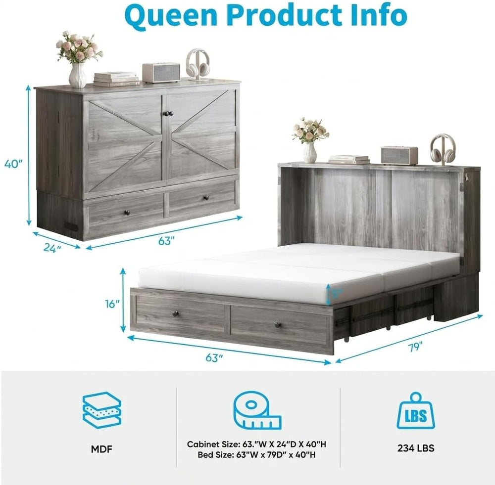Mjkone Queen Size Murphy Bed with Tri-Folding Mattress, Farmhouse Murphy Cabi...