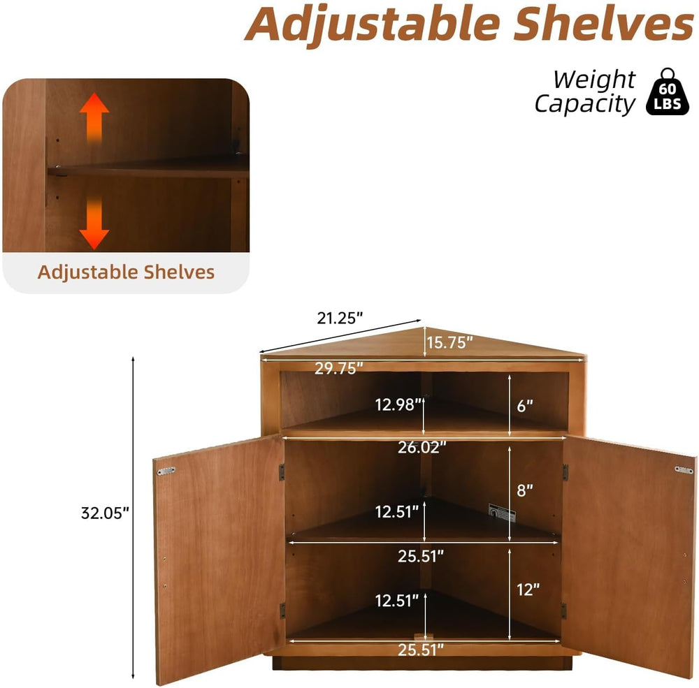 Ahokua Corner Storage Cabinet with Fluted Hand-Carved Doors, riangular Accent...