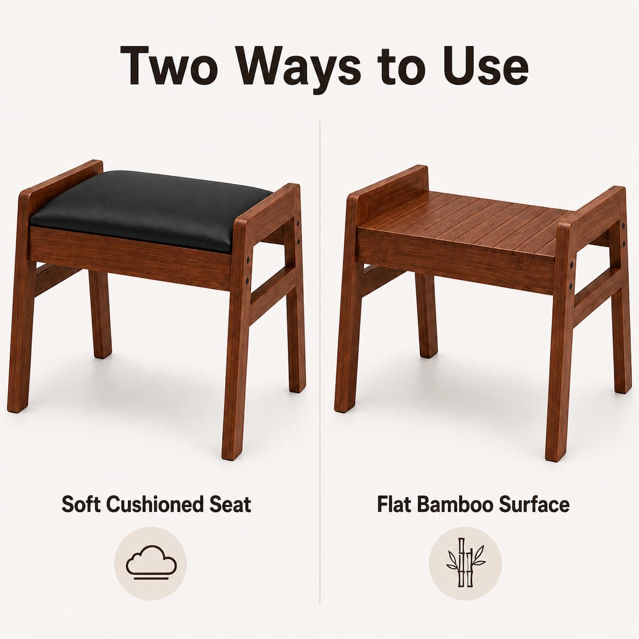 BAMBOOHOMIE Foot Stool Ottoman, Modern Vanity Stool Chair for Makeup with Removable Cushion & Side Handles, Bamboo Ottoman for Living Room Bedroom Office, Small Foot Rest for Couch (Black - Brown)