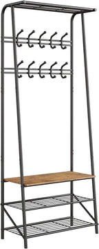 Amyove Coat Rack Shoe Bench with 10 Hooks, Hall Trees Entryway Bench with Storage, Multifunctional Hallway Organizer, Wood Look Accent Furniture with Metal Frame