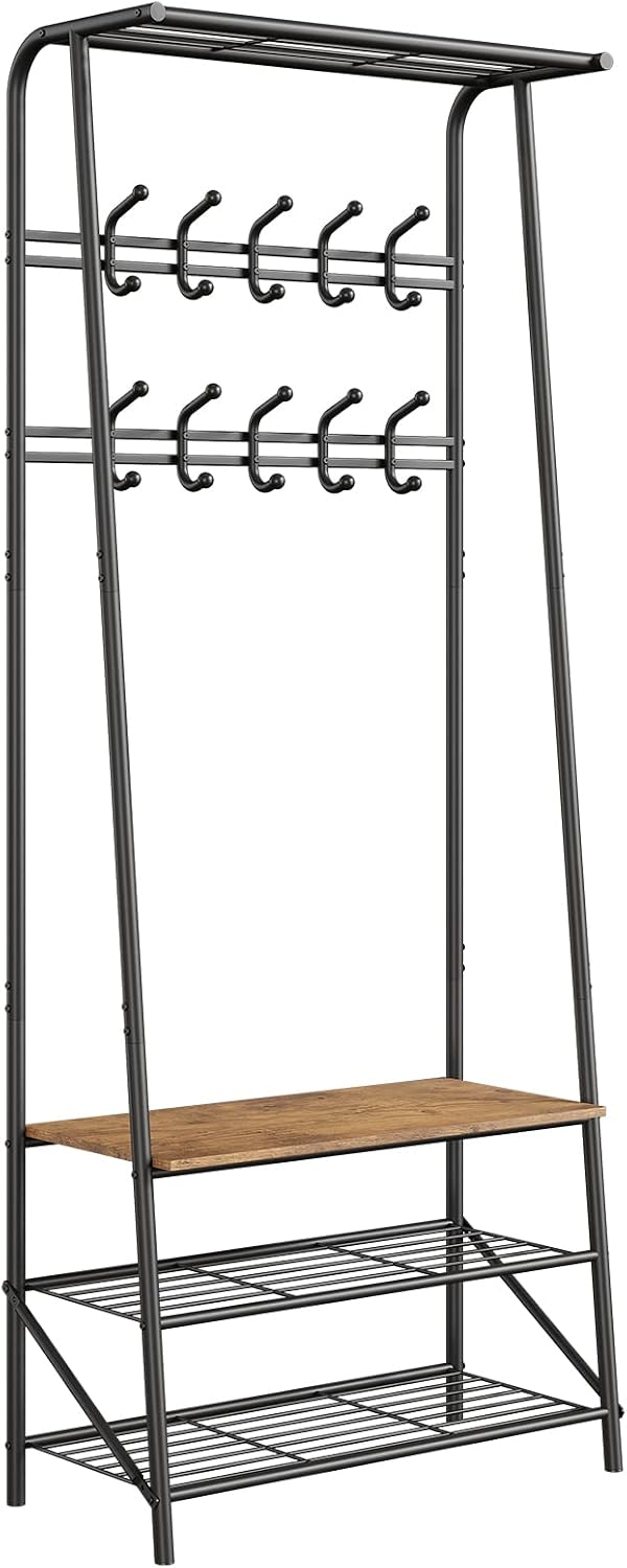 Amyove Coat Rack Shoe Bench with 10 Hooks, Hall Trees Entryway Bench with Storage, Multifunctional Hallway Organizer, Wood Look Accent Furniture with Metal Frame